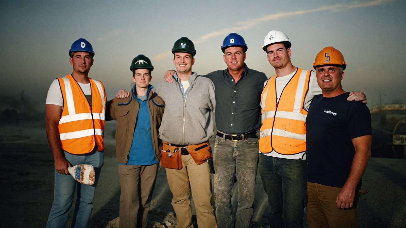 Six Ironvale crew members standing shoulder to shoulder on a jobsite at dawn in hard hats and hi-vis