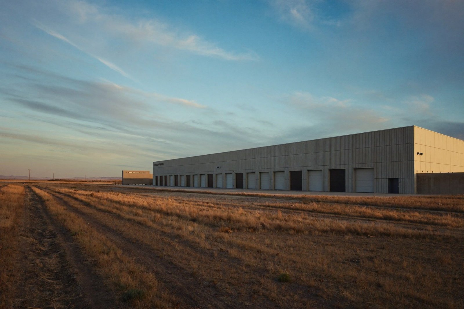 Completed tilt-wall distribution center at blue hour with rows of loading dock doors