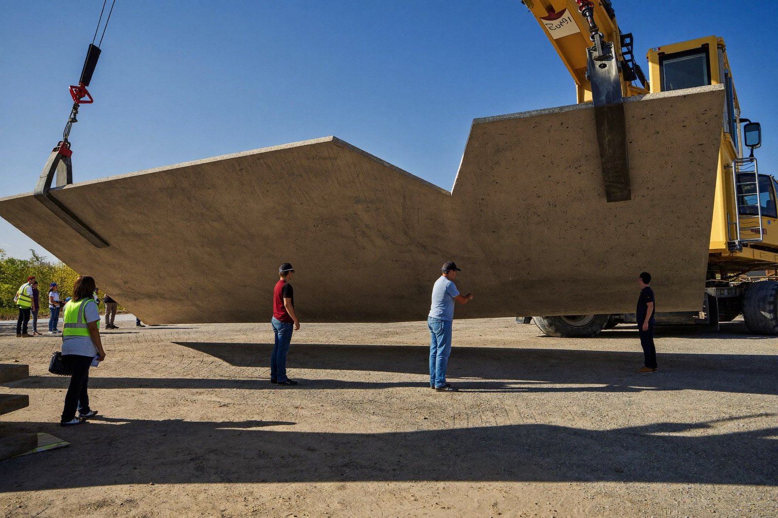 Crane lifting a concrete tilt-wall panel into place while workers guide it with tag lines